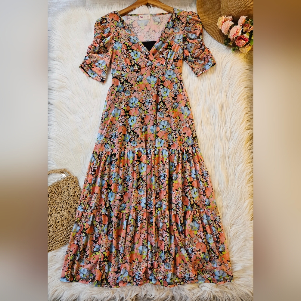 Floral V-Neck Midi Dress in Rust Multi